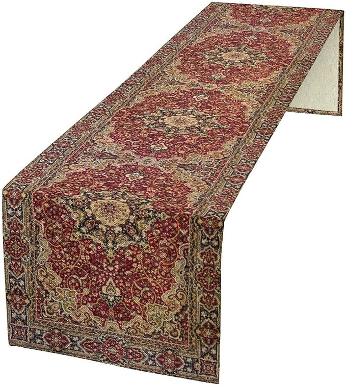 Vintage Boho Floral Table Runner, Rustic Country Farmhouse Red Gold Bohemia Flower Pattern for Home Kitchen Table Decor Dining Coffee Room Party Decor 13x90in