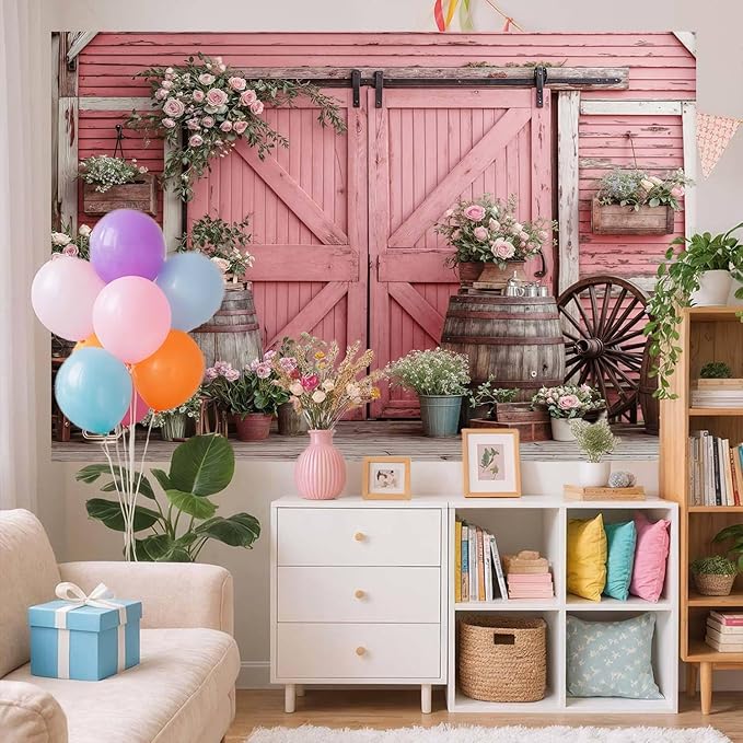 10x8ft Country Wedding Pink Photography Backdrop Rustic Wooden Door Photography Backdrop Farmhouse Flower Western Girl Birthday Baby Shower Wedding Bridal Party Banner Photo Booth Props Background