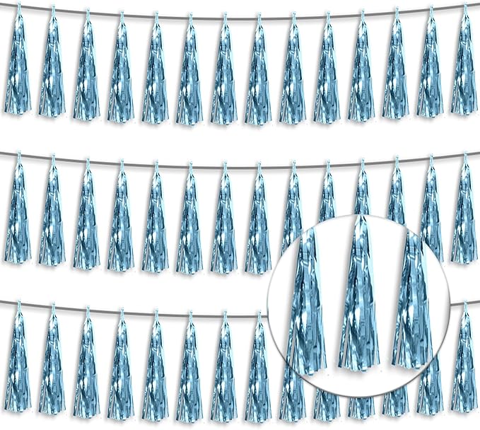 3P Metallic Fringe Tassel Banner Garland Foil Tinsel Streamer Wall Hanging Curtain Backdrop Banner for Parade Floats, Graduation Decorations, Wedding Party Decoration(Light Blue)