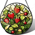 Stained Glass Window Hanging - Red Strawberry Suncatcher for Doors Window Home Green Plant Sun Catchers Decor Christmas Mother's Day Birthday Gifts for Teacher Women Men Mom Nana 7.8 in