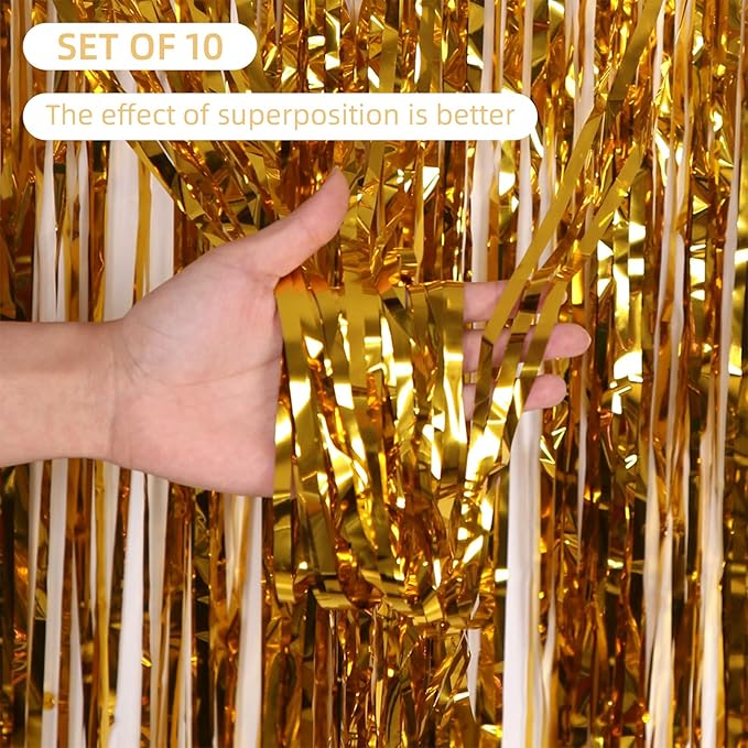 10 Pack Gold Foil Curtain Backdrop 3.2ft x 9.8ft Metallic Tinsel Foil Fringe Curtains Streamer Photo Booth Backdrop for Birthday Party Engagement Bachelorette Party Decorations (Gold)