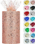 Glitter Tulle Rolls, 6” by 50 Yards (150FT) Sparkling Tulle Spool Ribbon Sequin Tulle Netting Fabric for Tutu Skirt Wedding Birthday Baby Shower (Rose Gold)