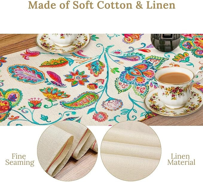 Paisley Table Runner, Watercolor Floral Oriental Indian Traditional Tulips Leaves Bohemian Paisley Print Table Runner for Kitchen Dining Tables Party Decor, 13x60inch