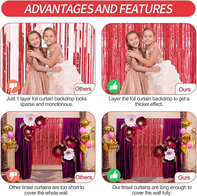 Crosize 2 Pack 3.3 x 9.9 ft Red Foil Fringe Curtains Party Decorations, Red Tinsel Curtain Backdrop for Parties, Door Streamers, Glitter Streamer Fringe Backdrop for Birthday Decoration