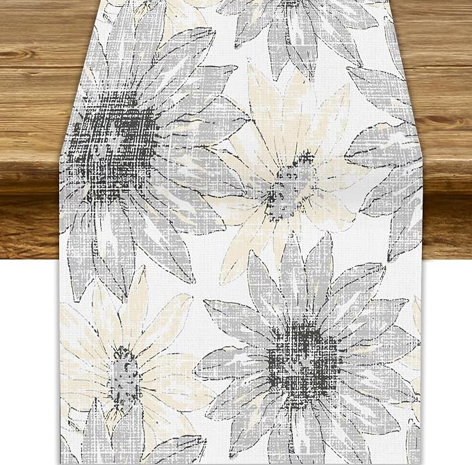 Chrysanthemum Vintage Floral Table Runner, Elegant Grunge Green Sunflower Spring Summer Elegant Pattern Artichokes Flower Table Runner for Party Kitchen Dining Living Room Decor, 13x60 Inch