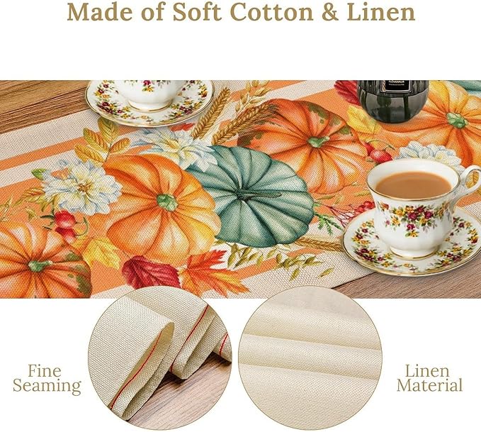 Autumn Table Runner,Orange Pumpkin Flowers Leaves Fall Table Runners Seasonal Kitchen Dining Table Decor for Thanksgiving Harvest Home Holiday Party 13x70 Inch