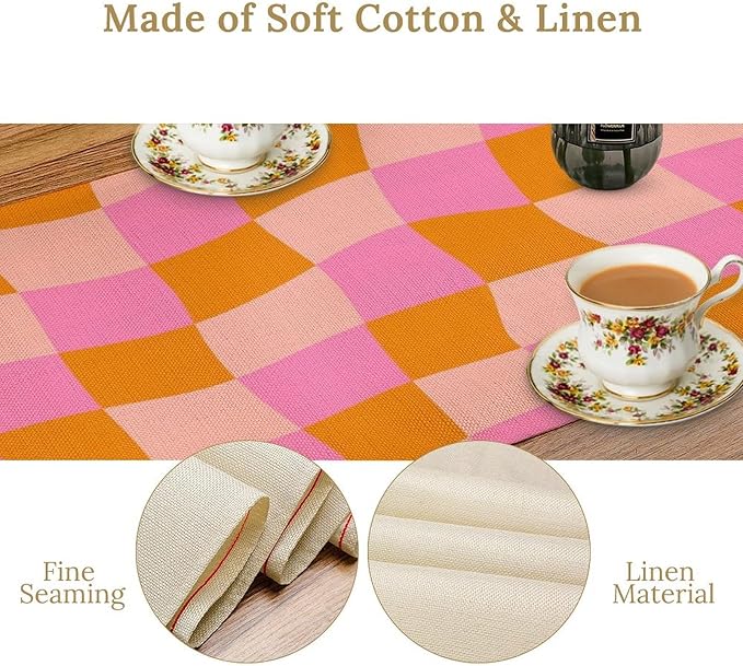 Checkered Table Runner Orange Retro 60s70s Boho Style Kitchen Restaurant Decoration Suitable for Indoor and Outdoor Festival Home Wedding Party Table Runner 13x60 Inch