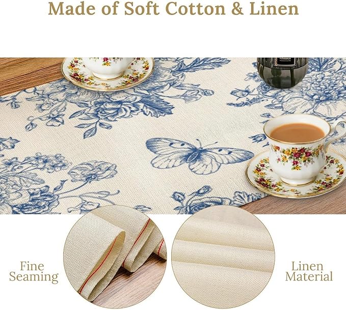 Monochrome Sketch Flowers Table Runner, Seasonal Spring Fall Plants Blue Florals Butterfly Dinner Runner for Home Kitchen Dining Table Party Holiday Decoration 13"x36"