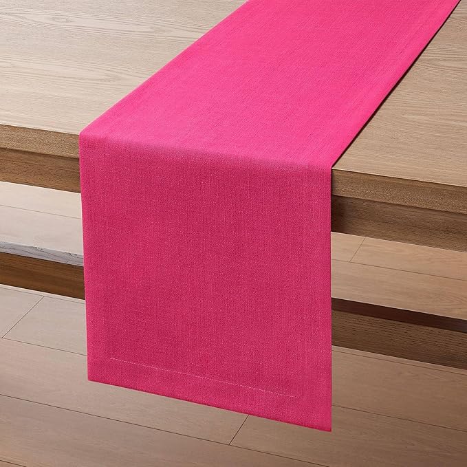 ZeeMart Linen Textured Border Table Runner, 14 x 108 Inch Hot Pink, Farmhouse Style Pink Table Runners 108 Inches Long, Easy Care Everyday Polyester Table Runner