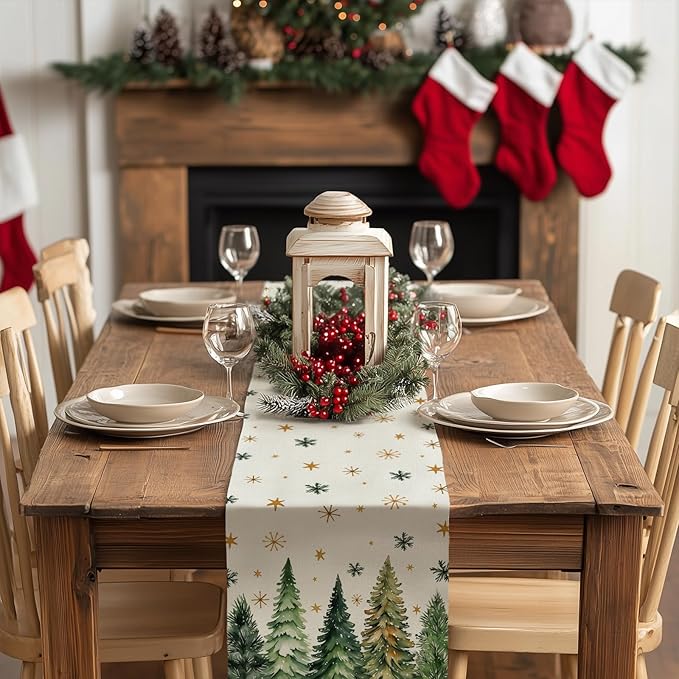 GEEORY Christmas Table Runner 13x60 Inch, Xmas Tees Snowflakes Holiday Decorative Farmhouse Table Decoration for Kitchen Dinning, Indoor Outdoor Dinner Party Decor (Light Green) GT166-60