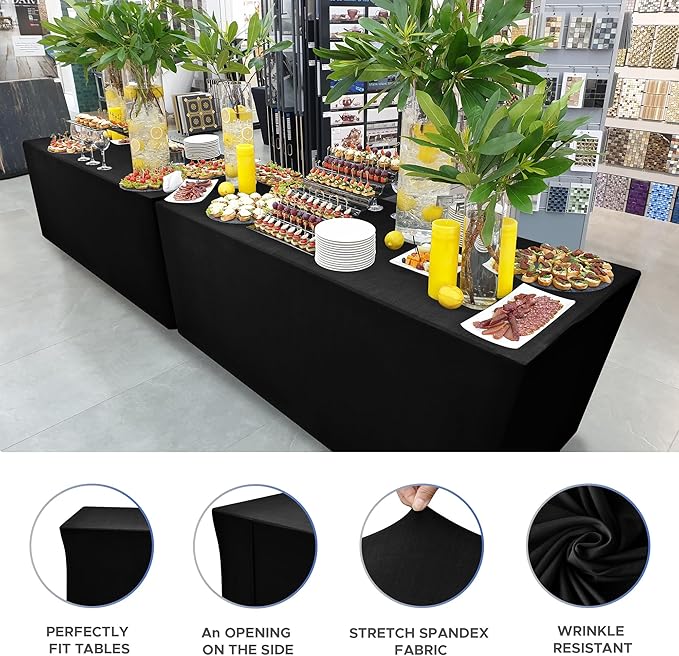 Nasitos Spandex Fitted Table Covers for 8 Foot Tables - 96 x 30 Inch - 2 Pack Black Stretch Table Clothes, Rectangle Fabric Tablecloths for Parties, Trade Show, Craft Show, Birthday