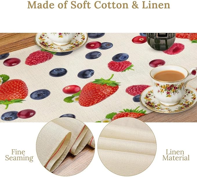 Strawberry Table Runner Spring Summer Fruit Wild Berry Forest Garden Dinner Runner for Farmhouse Party Holiday Home Kitchen Dining Table Decor 13x70