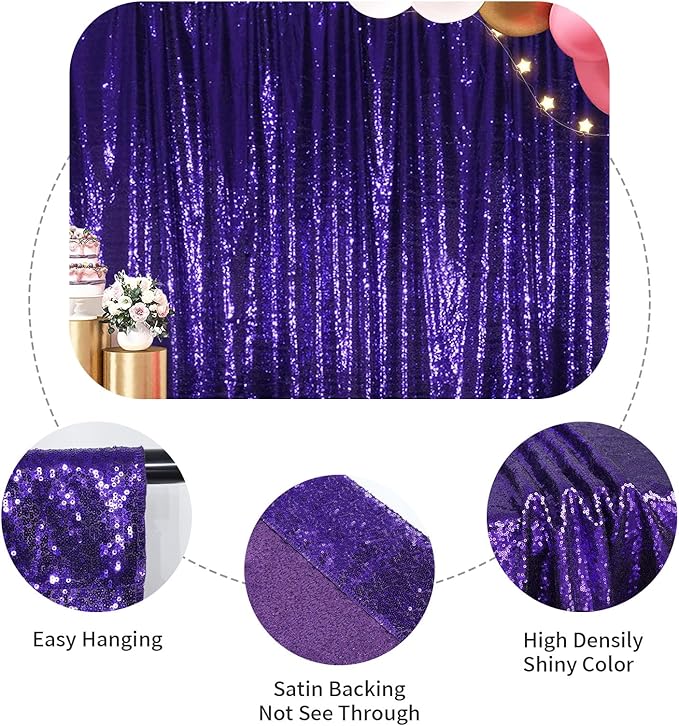 SquarePie Sequin Backdrop Less Transparent Background Sparkly Curtain for Wedding Halloween Party 6FT x 6FT Purple