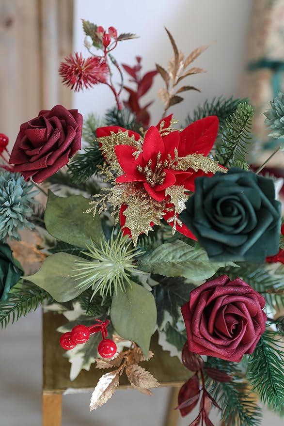 Serra Flora Artificial Christmas Flowers Greenery Combo Box Set Faux Flowers Bulk Flower Leaf with Stems for DIY Tree Ornaments Xmas Wreath Floral Arrangements Centerpieces