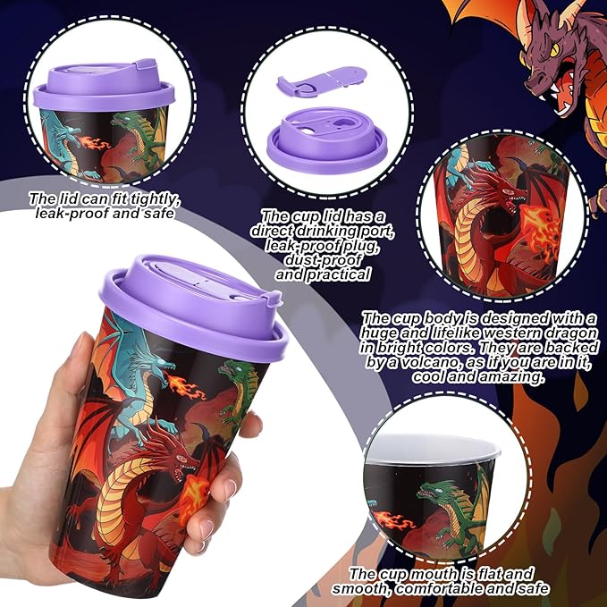 Yungyan 16 Sets Dragon Party Favors Goodie Cups with Lids and Straws for Birthday Decorations Reusable 16oz Plastic Candy Cups Plastic Straws for Birthday Party (Dragon)