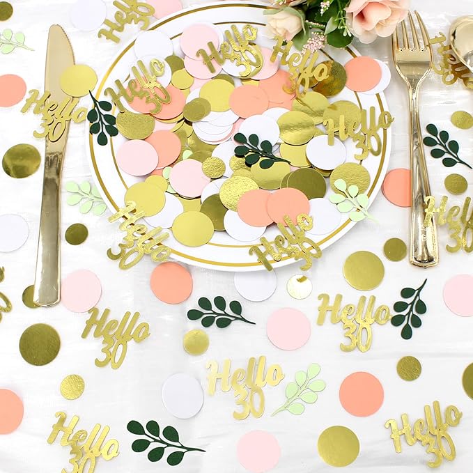 300PC 30TH Birthday Confetti for Table Pink and Sage Green Happy 30TH Birthday Decorations for Her Dots Hello 30 Confetti Scatters Thirty Party Decor Supplies