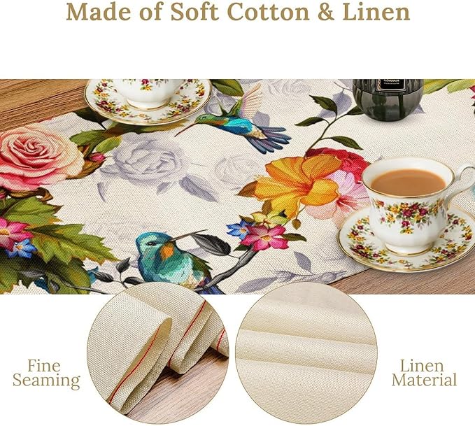 Hummingbird Table Runner,Vintage Floral Country Style Table Cloth Home Kitchen Restaurant Party Decoration 13x108 Inch