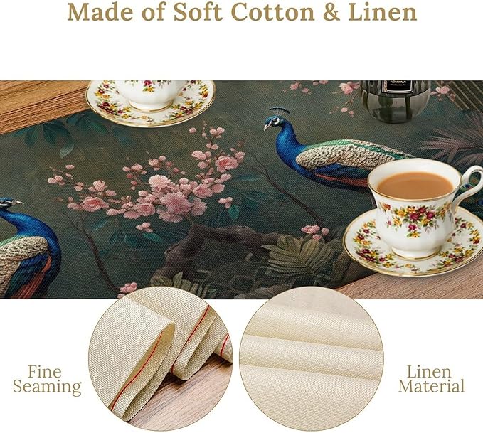 Peacock Table Runner,Vintage Aesthetic Peacock Birds Table Runner for Home Kitchen Dining Party Indoor Outdoor Decoration 13x36 Inch