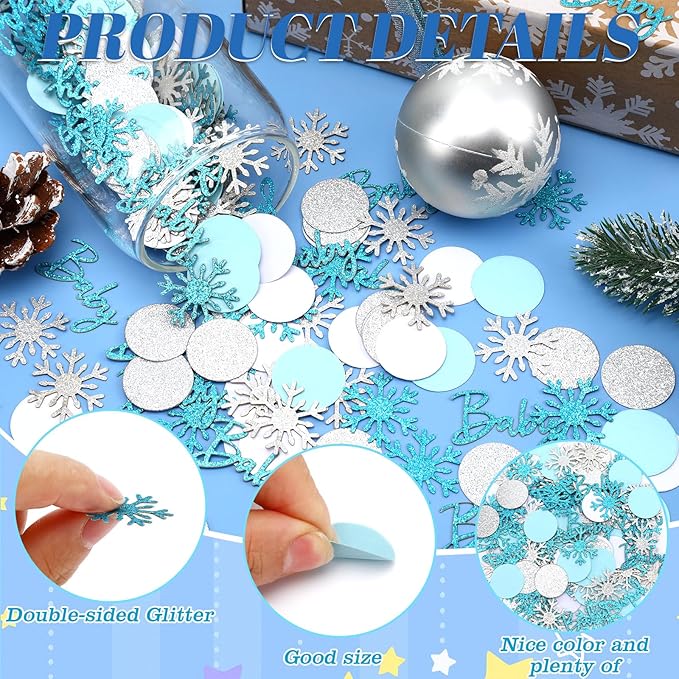 MARFOREVER Winter Baby Shower Table Confetti, 200 Pcs Glitter Blue Silver Snowflake Table Decorations Winter Gender Reveal Party Confetti Sprinkle for Winter Birthday Party Baby Shower Decorations