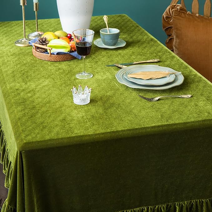 Velvet Tablecloth Luxurious Solid Rectangle Table Cloth,Oblong Retro Farmhouse Ruffle Tablecloths Washable Table Cover for Party Olive Green,52x70 Inches