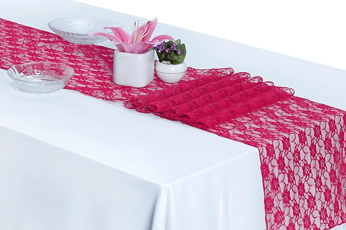 MDS Pack of 5 Wedding 12 x 108 inches Lace Table Runner for Wedding, Decorations for Birthday Parties, Banquets, Graduations, Engagements, and Runners fit Rectangle, Round Table- Magenat