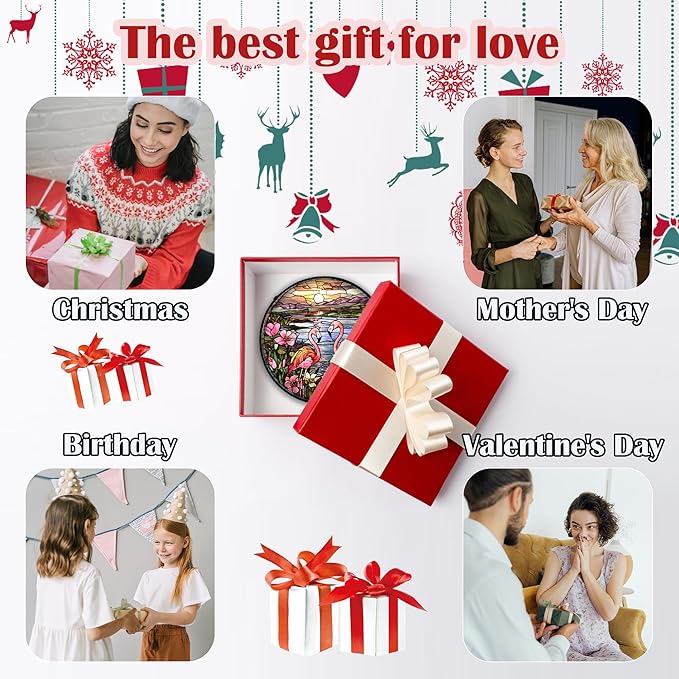 Stained Glass Window Hanging - Flamingo Wildflowers Landscape Suncatcher for Door Terrace Garden Home Decor Sunset Lake Sun Catcher Birthday Gifts for Lovers Women Men Dad Mom Nana 6.3 in