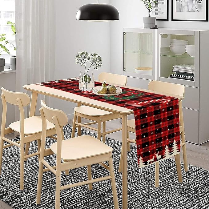 Christmas Table Runner, Red Winter Xmas Holiday Table Cloth Kitchen Dining Table Decoration for Home Party Decor 13x60 Inch