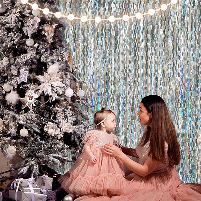 2 Pack Silver Backdrop Curtain Tinsel Streamers Sparkle Metallic Wavy Foil Fringe Photo Booth Props for Birthday Graduation Bachelorette New Year Christmas Wedding Disco Party Decorations