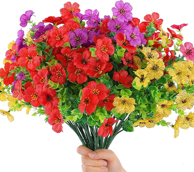 Hananona 2 Set Artificial Outdoor Flowers with Hanging Basket, 2 Hanging Planters with 24 Pcs Flowers for Spring Summer Front Porch Garden Patio Home Decor (2, Red, Purple, Yellow, Rose Red)