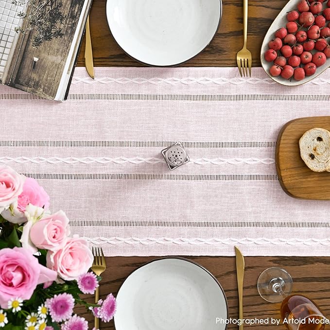 Artoid Mode Pink Rustic Cotton Linen Table Runner, Seasonal Embroidered Hollow Kitchen Dining Table Decoration for Home Party Decor 13x36 Inch