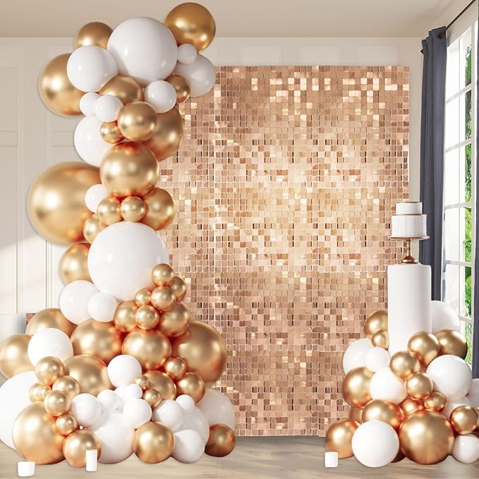 24PCS Champagne Gold Shimmer Wall Backdrop, Square Sequin Photo Backdrops Panel, Glitter Wall Background for Birthdays, Weddings, Graduation, Engagements, Disco Bachelorette Party Decoration (4FTx6FT)