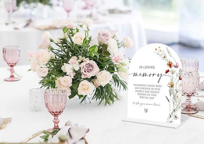 Boho Floral In Loving Memory Sign, 6 x 8 Inch White Arch Acrylic Wedding Sign with Holder, Wedding Sign for Ceremony and Reception, Wedding Decoration, Wedding Supplies - BX05