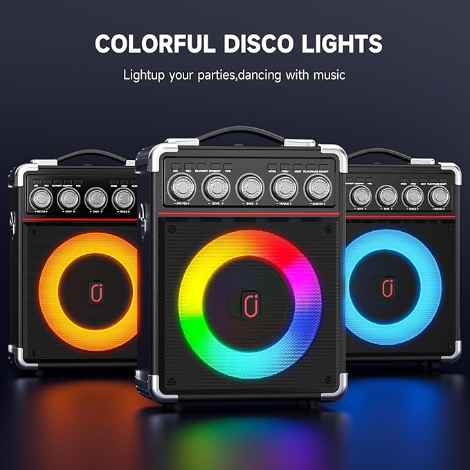 Karaoke Machine with 2 Microphones: HWWR Portable Karaoke Machine for Adults Kids, Party Bluetooth Speaker with Bass/Treble Adjustment, PA System with Remote Control/LED Lights, Support REC/USB/AUX