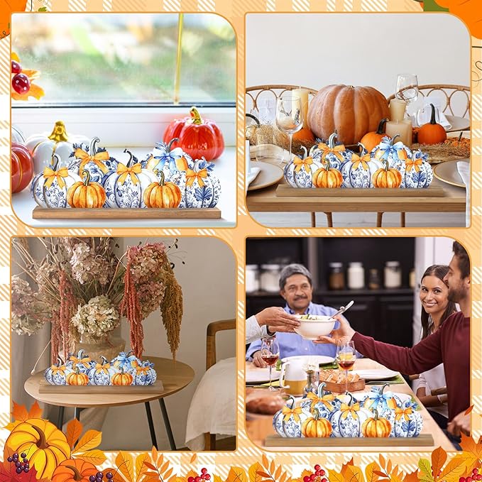 Fall Pumpkin Metal Sign Chinoiserie Pumpkin Table Decor Thanksgiving Tiered Tray Decor with Wooden Base Freestanding Metal Word Sign for Home Tabletop Centerpiece Mantel Shelf Fireplace