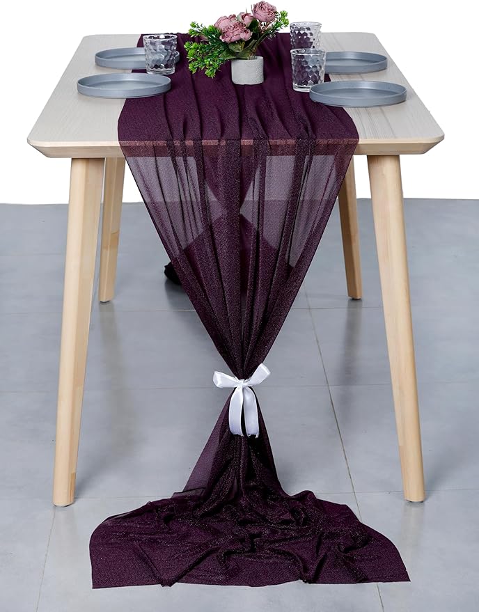 MDS Halloween Chiffon Table Runner - 10 Pack, 29 x 170 Inches, 14ft Each - Sheer Spooky Table Runners for Haunted House Parties, Trick-or-Treat Tables, Witchy Décor, Wedding & Events - Eggplant