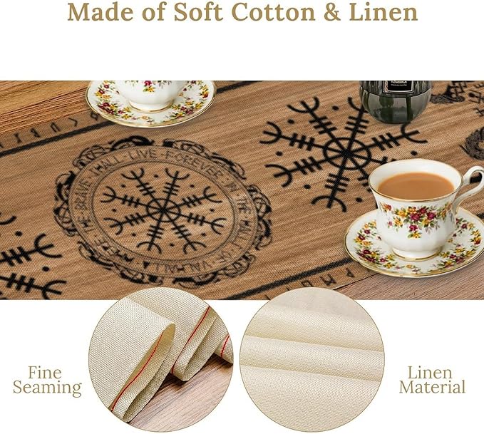 Viking Tree of Life Table Runner, Wooden Printed Eagle Dragon Boat Rudder Seasonal Kitchen Dining Table Decoration for Home Party 13x120 Inch