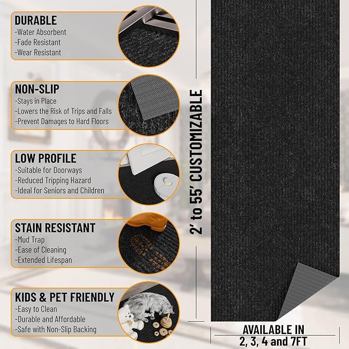 Ottomanson 3'11" x 6' Mud Mat Area Rug Scraper Carpet - Non-Slip, Dirt Trapping for Indoor & Outdoor Use - Ideal for Entryway, Garage, Kitchen, Patio & High-Traffic Areas, Black