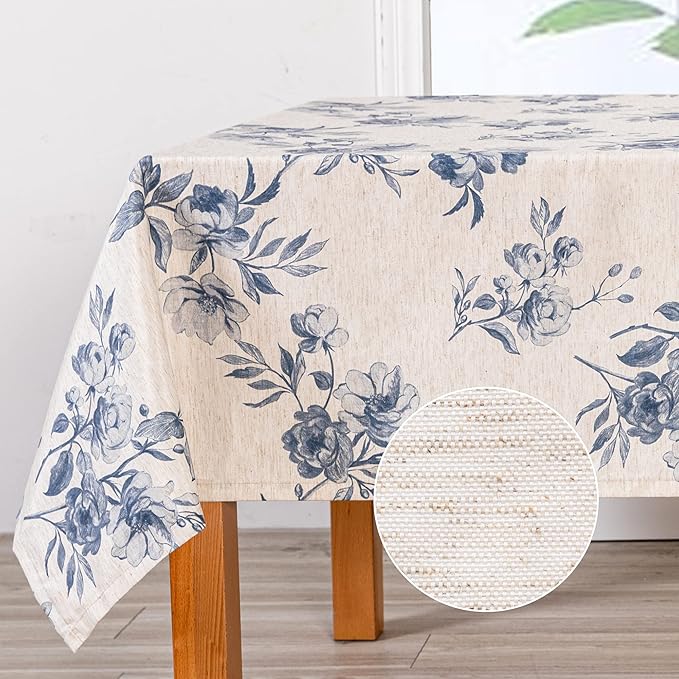 MYSKY HOME Rectangle Tablecloth 60x102 Inches, Linen Farmhouse Tablecloth Waterproof Decorative Fabric Table Cloth for Kitchen Party Floral Tablecloth for 6 Feet Table Blue and Grey Tablecloth