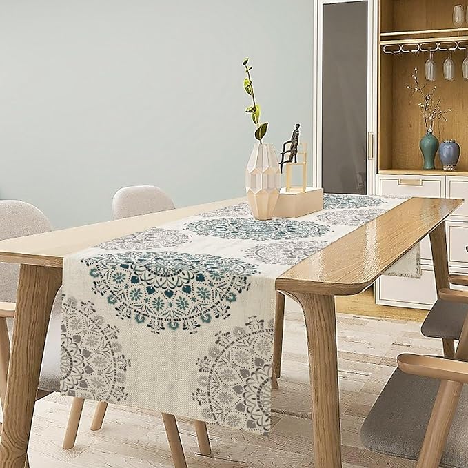 Boho Flower Table Runner, Bohemian Turquoise Mandala White Teal Floral Kitchen Dining Table Runners for Indoor Outdoor Home Party Holiday Decor, 13x120inch