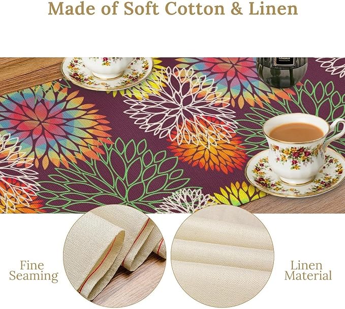 Brown Dahlia Flower Table Runner, Linen Geometric Pattern Floral Table Decor Spring Farmhouse Decorations for Kitchen Dining Holiday Party Decor, 13x70 Inch