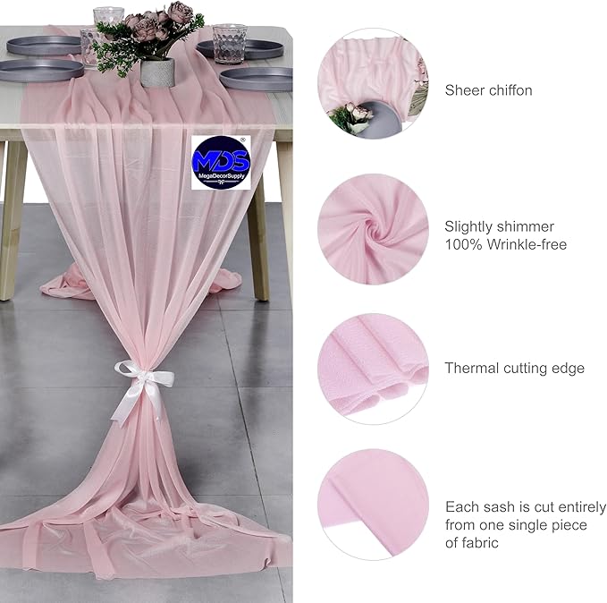MDS 2 Pack 14ft Chiffon Table Runner 29 x 170 Inches Sheer Wedding Runner Romantic Rustic Table Runner for Wedding Decorations, Birthday Parties, Bridal Shower Party Arch Decor - Blush Pink