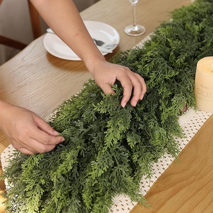 Christmas Cedar Garland - 9ft Artificial Cedar Garland Faux Lush Green Fake Pine Needles for Fireplace,Table,Window,Stairs,Mante,Holiday Indoor Outdoor Xmas Decor(1PCS)