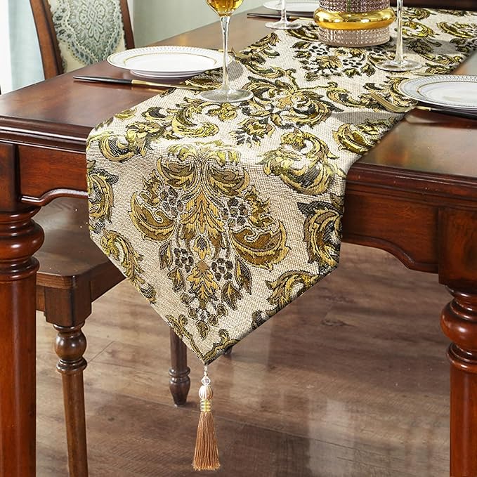 13x108 inch Exquisite Gold Floral Jacquard Table Runner Thick Beige Chenille with Elegant Tassels