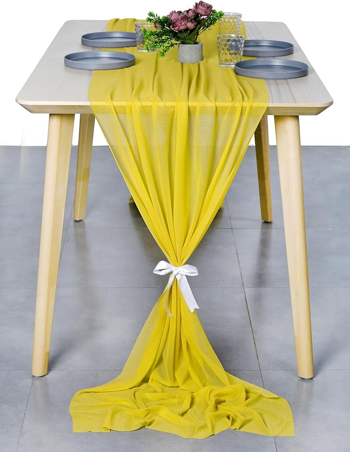 MDS 5 Pack 10ft Chiffon Table Runner 29 x 120 Inches Sheer Wedding Runner Romantic Rustic Table Runner for Wedding Decorations, Birthday Parties, Bridal Shower Party Arch Decor - Yellow