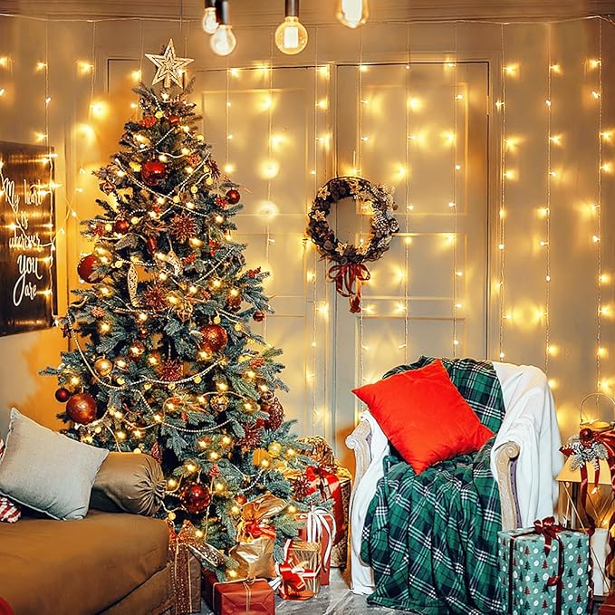 JMEXSUSS 300 LED Remote Control Christmas Curtain Lights, Plug in Fairy Curtain Lights Outdoor, Window Wall Hanging String Lights for Bedroom Backdrop Wedding Party Indoor Patio Xmas Decor, Warm White