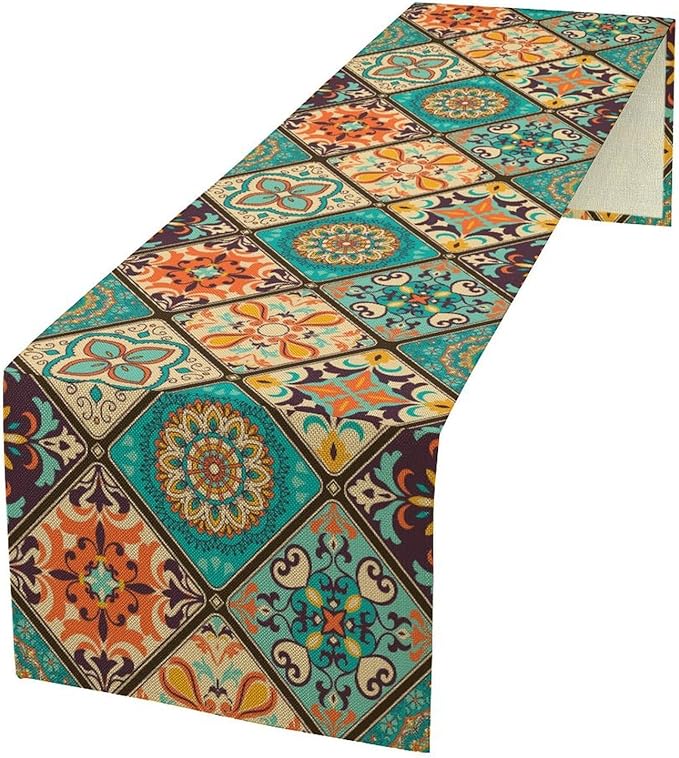 Bohemian Patchwork Table Runnerboho Colorful Tile Patchwork Indian Floral Print Table Runner for Home Kitchen Indoor Outdoor Party Wedding Decor, 13x108inch
