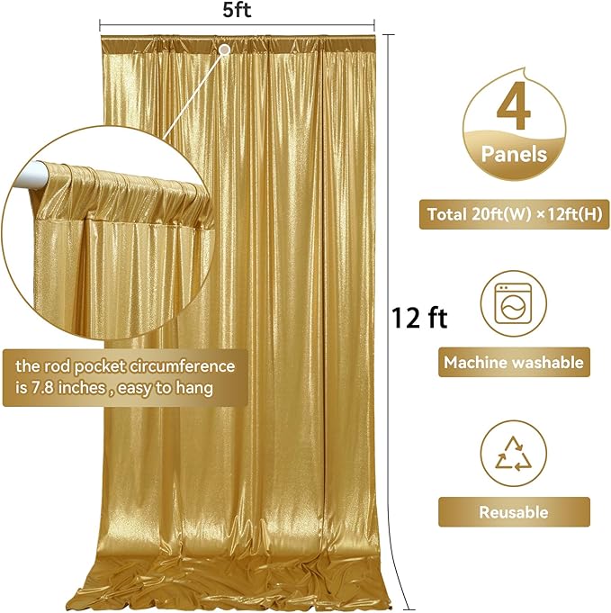 20ftx12ft Gold Sequin Backdrop Curtain Panels for Parties, Wrinkle Free Glitter Photo Backdrop Drapes 4 Panels 5x12FT Shimmer Back Drop Cloth for Wedding Birthday Christmas Photography Background