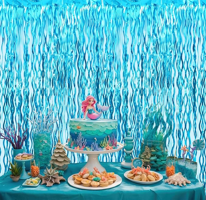 Goer Metallic Tinsel Foil Fringe Curtains for Party Photo Backdrop Wedding Decor (3 Pcs,Wavy Light Blue)