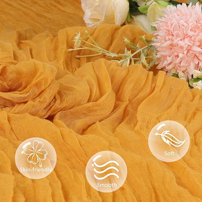 6 Pack Gold Cheesecloth Table Runner 10ft Boho Gauze Fabric Cheese Cloth Table Runner 35 x 120 Inch Rustic Sheer Runner for Romantic Wedding Decor Baby Shower Party Table Centerpiece Decoration