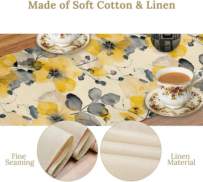 Floral Table Runner,Yellow Flowers Spring Print Table Cloth Kitchen Dining Table Home Party Decoration 13x36 Inch